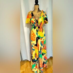 S. Berto Women’s Wide Leg Pants Floral Pattern Ruffled Sleeve Jumpsuit